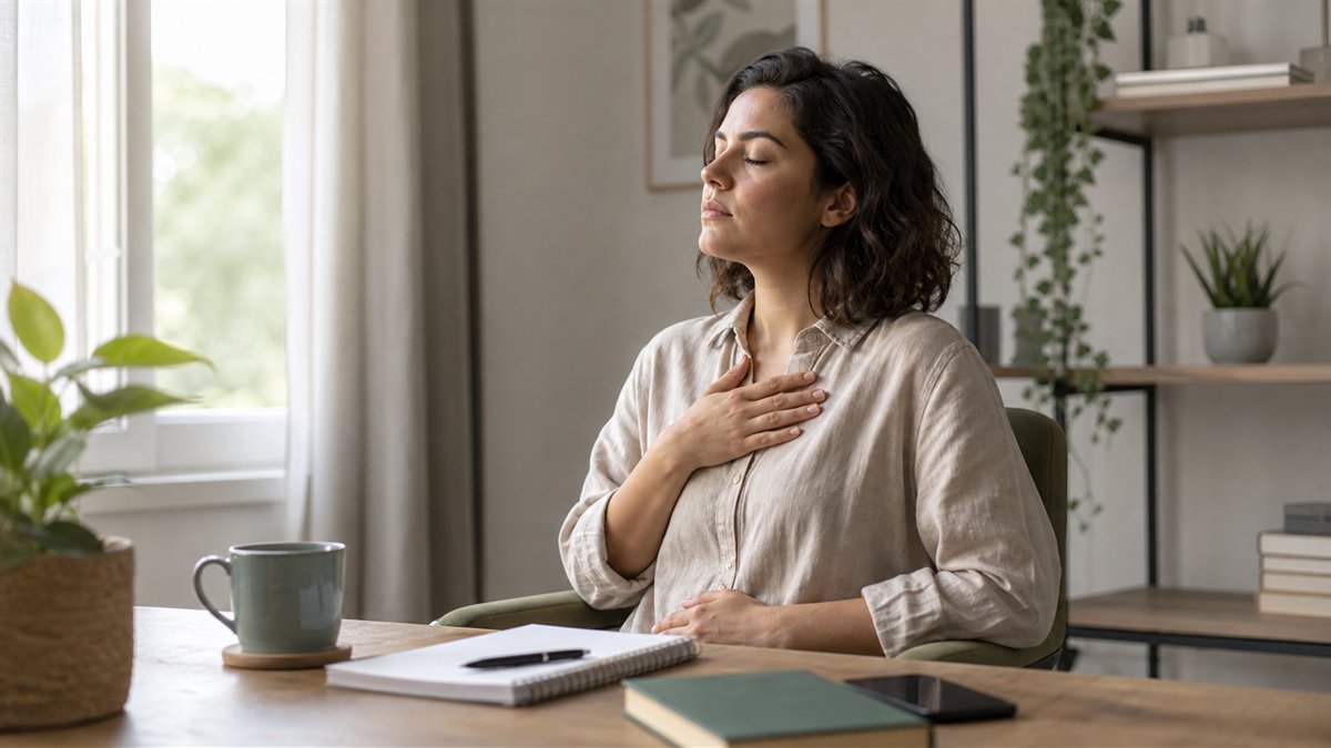 Adulto em ambiente tranquilo praticando respiração consciente para lidar com ansiedade antes de uma sessão de terapia online
