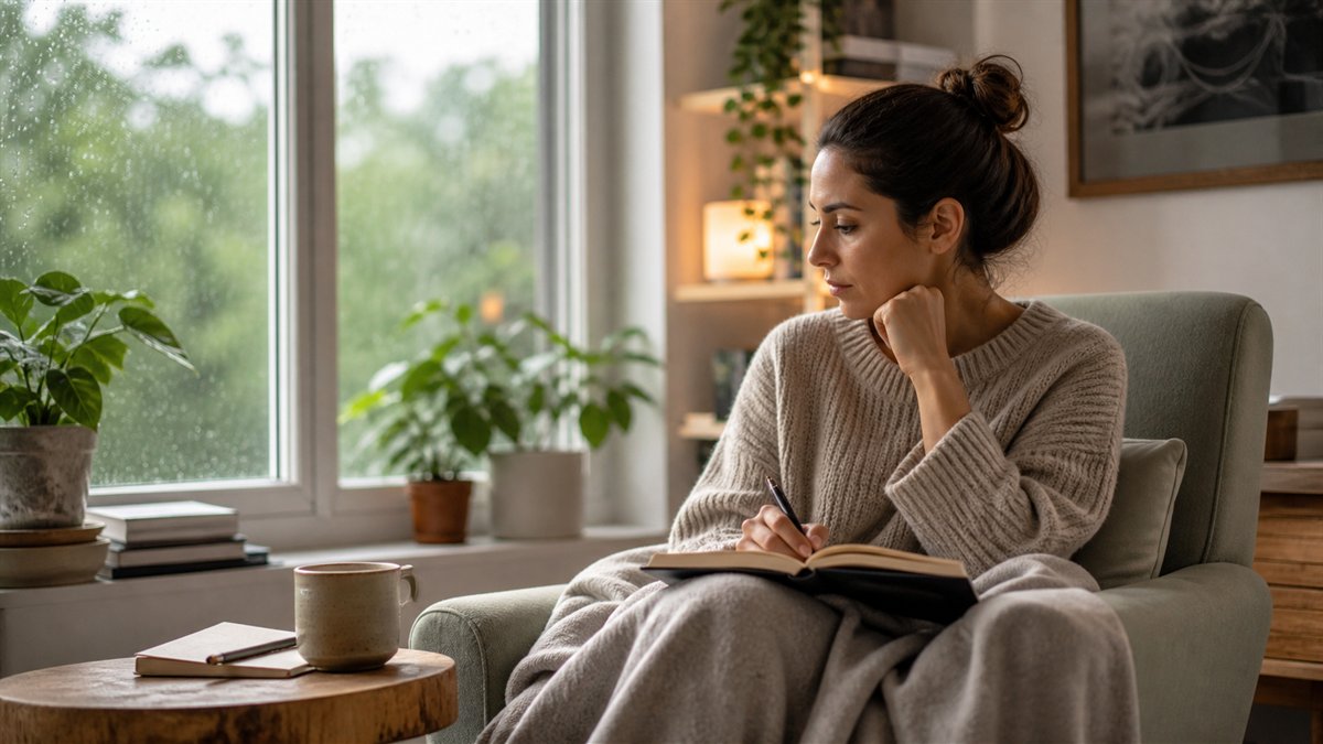 Adulto escrevendo em diário em ambiente acolhedor enquanto reflete sobre depressão, sentido de vida e terapia online